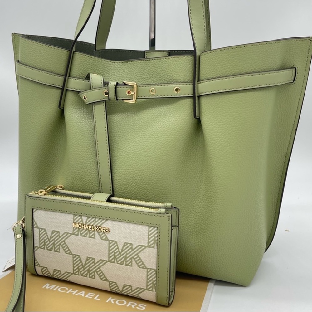 Michael Kors Large Emilia Tote Bag& Double ZipWallet Wristlet Light Sage Leather - Picture 3 of 13